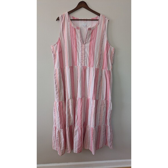 J Jill Tiered Maxi Dress Striped White Pink Flowy Boho Prairie Cottage 2X NWT - Picture 1 of 8